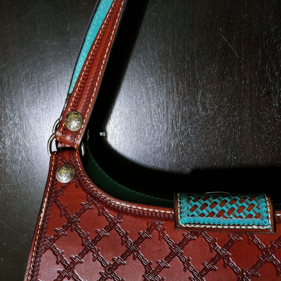 SILVERTIP Hobo Satchel Tooled Leather Saddle Brown and Turquoise Blue and Silver - Picture 9 of 12
